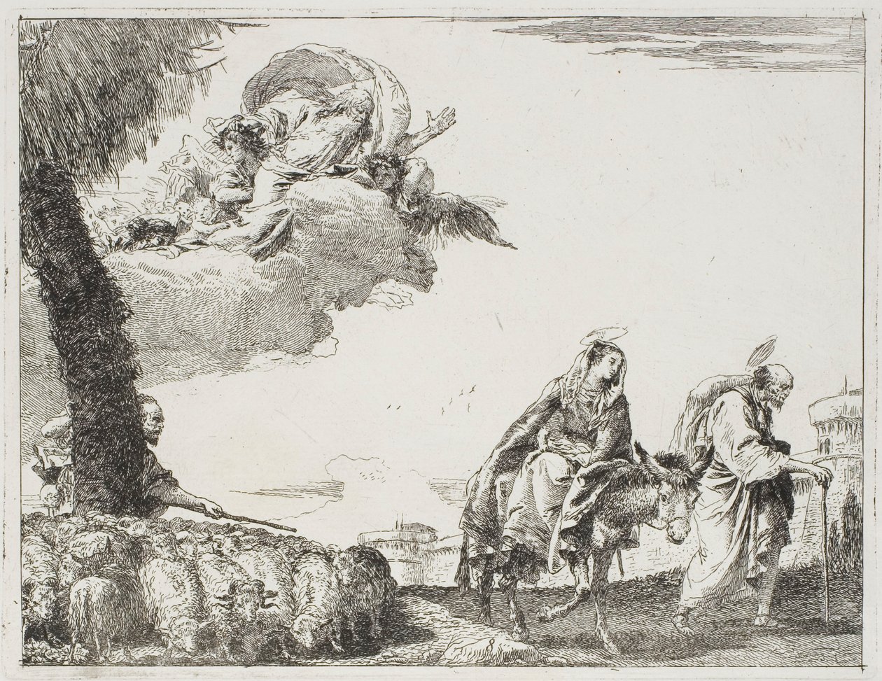 Svatá rodina kráčí podél městské zdi. Vlevo Pastýř se svým stádem a Bohem Otcem, deska osm z Útěk do Egypta od Giovanni Domenico Tiepolo