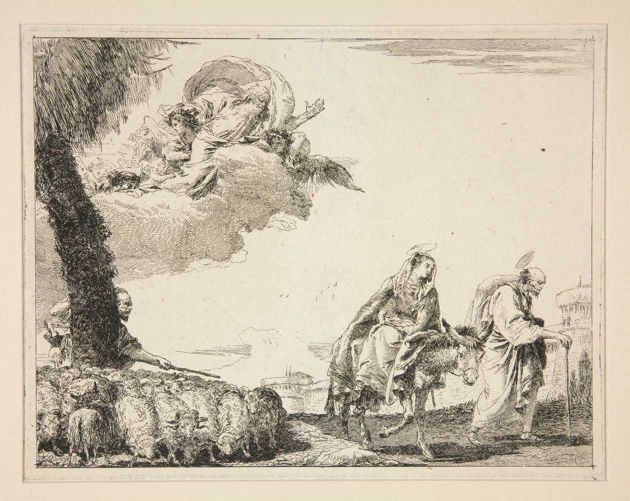 Svatá rodina, ze série Malebné nápady nad útěkem do Egypta (Flight into Egypt) od Giovanni Domenico Tiepolo