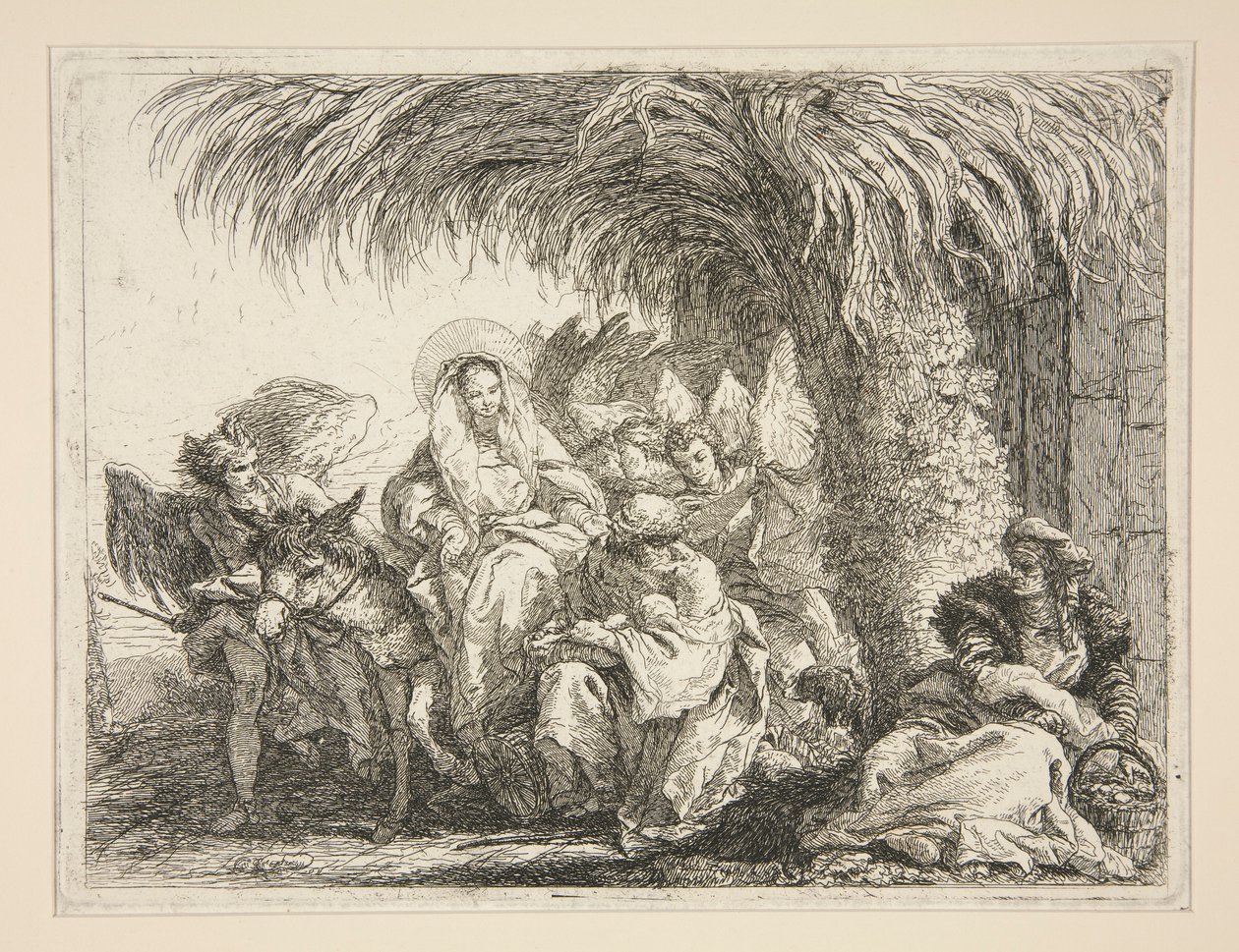 Svatá rodina pod palmou, ze série Idee pittoresche sopra la fuga in Egitto (Útěk do Egypta) od Giovanni Domenico Tiepolo