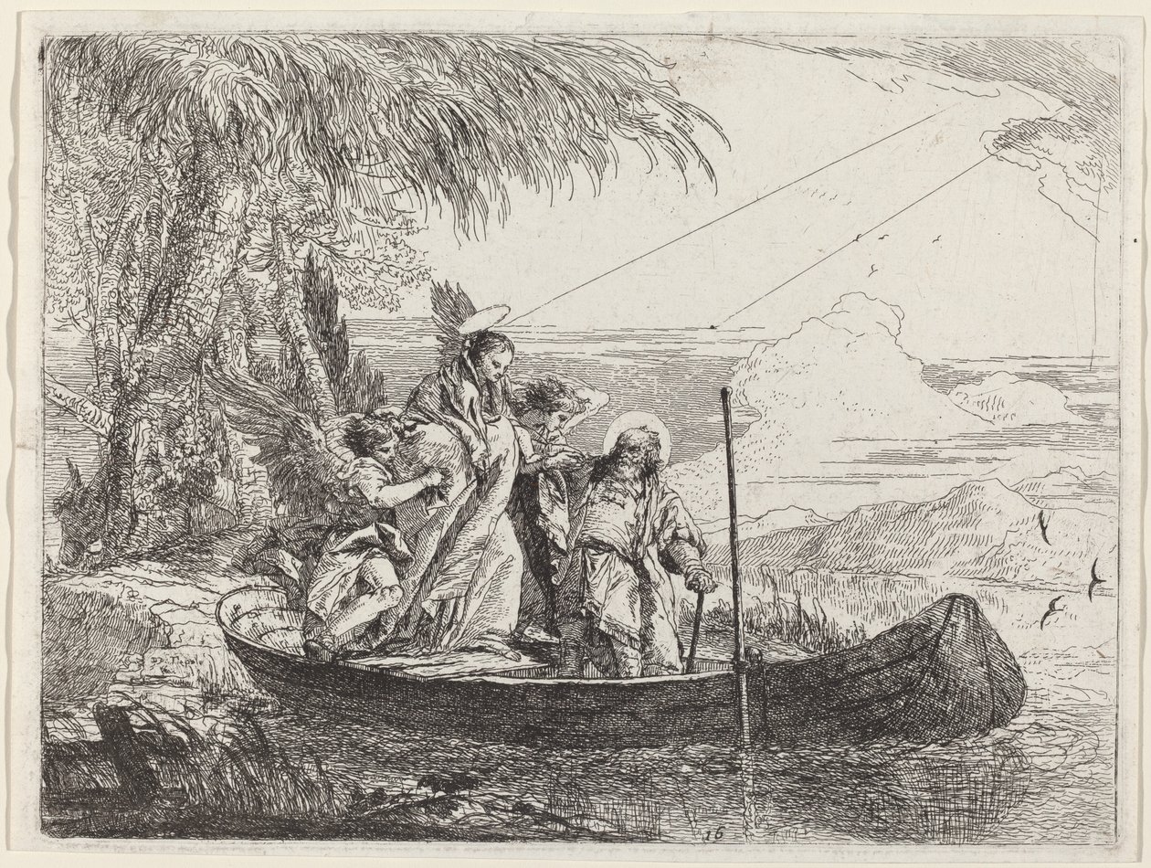 Madona, dítě a andělé vstupující do člunu od Giovanni Domenico Tiepolo
