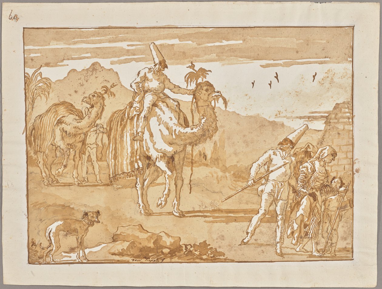 Der Punchinello reitet auf einem Kamel an der Spitze einer Karawane od Giovanni Domenico Tiepolo