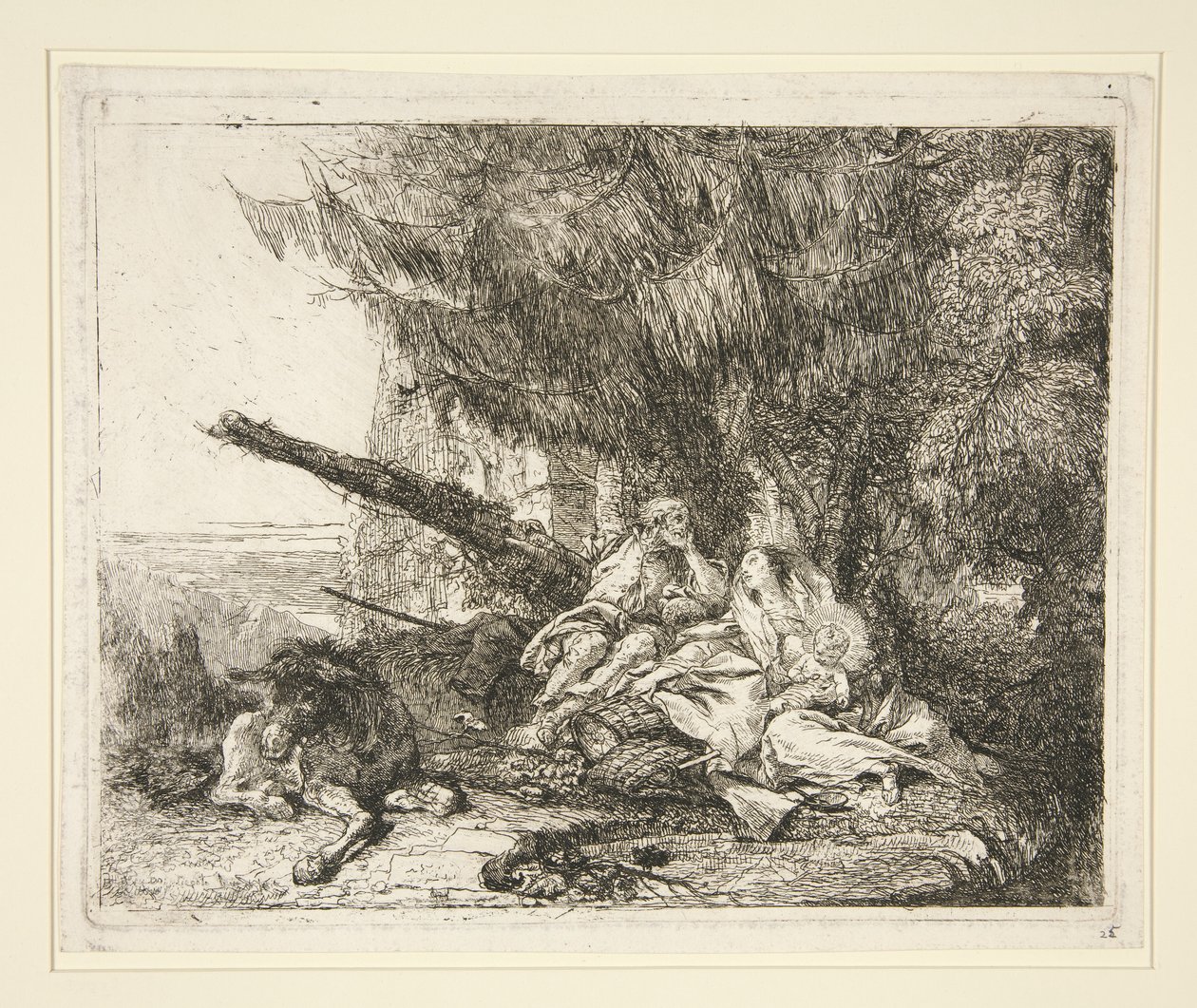 Odpočinek na útěku do Egypta, ze série Idee pittoresche sopra la fuga in Egitto (Útěk do Egypta) od Giovanni Domenico Tiepolo