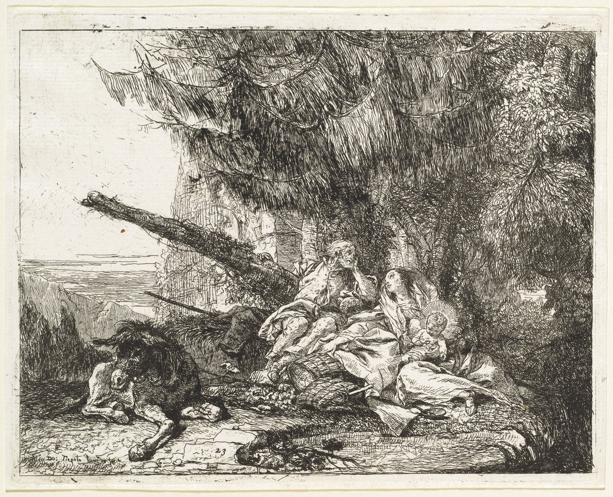 Zbytek na letu, se Svatou rodinou pod stromem od Giovanni Domenico Tiepolo