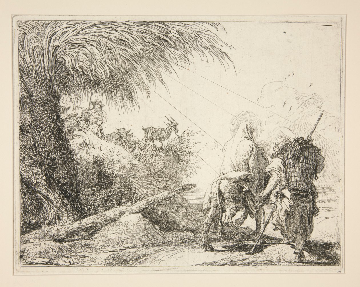 Panna, nasednutá na osla a při pohledu zezadu, ze série Idee pittoresche sopra la fuga in Egitto (Útěk do Egypta) od Giovanni Domenico Tiepolo