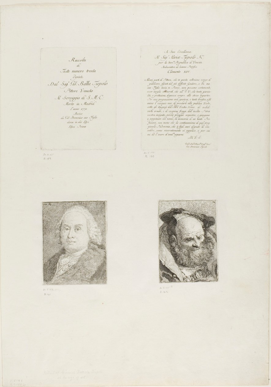 Titulní strana, věnování, portrét Giambattisty Tiepola, vousatého staříka od Giovanni Domenico Tiepolo