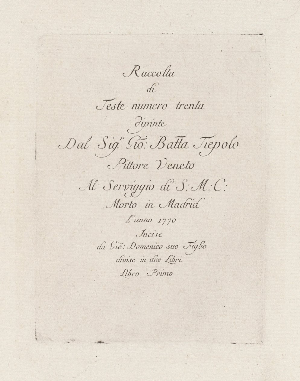 Titulní stránka, z Raccolta di Teste (sbírka hlav) od Giovanni Domenico Tiepolo