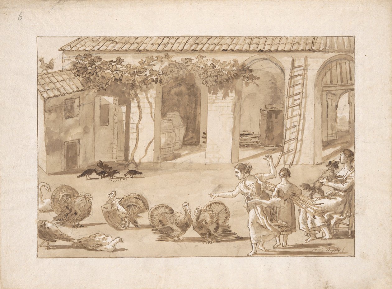 Krůty na benátském statku, třetí kresba v Tiepolu od Giovanni Domenico Tiepolo
