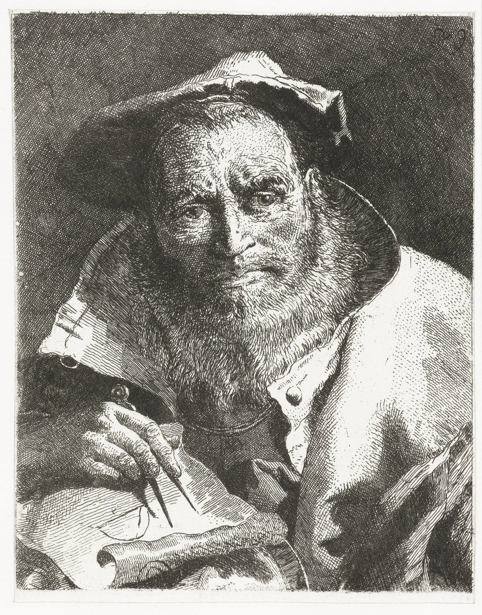 Vědec s baretem na hlavě a kompasem v ruce Sbírka hlav (název série) Raccolta di Teste (název série) od Giovanni Domenico Tiepolo