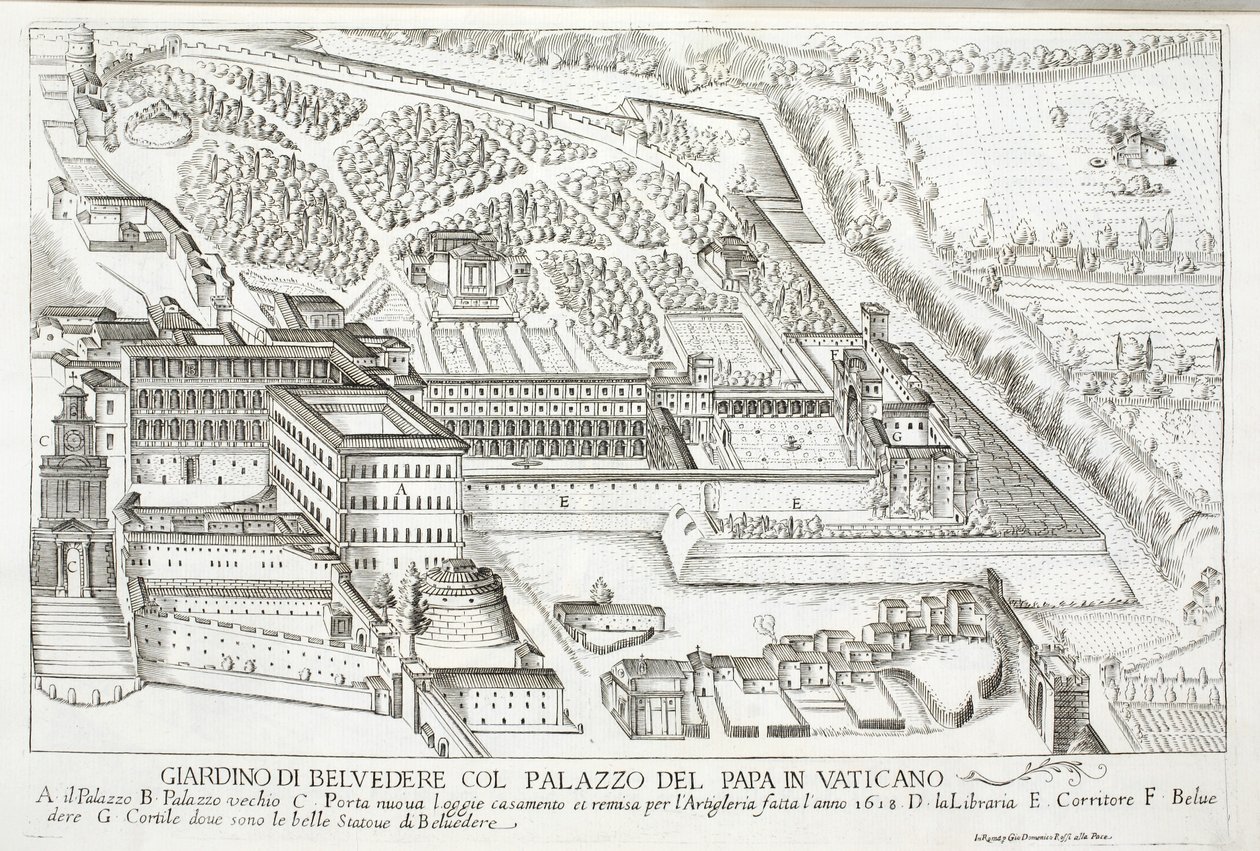 Pohled na zahrady Belvedere v Papežském paláci, Vatikán od Giovanni Domenico de