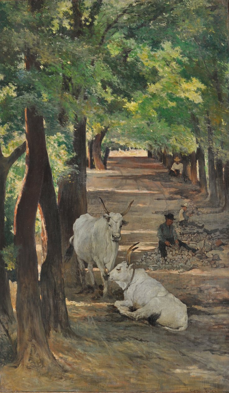 Alej s voly a lamači kamene, asi 1875 (olej na plátně) od Giovanni Fattori