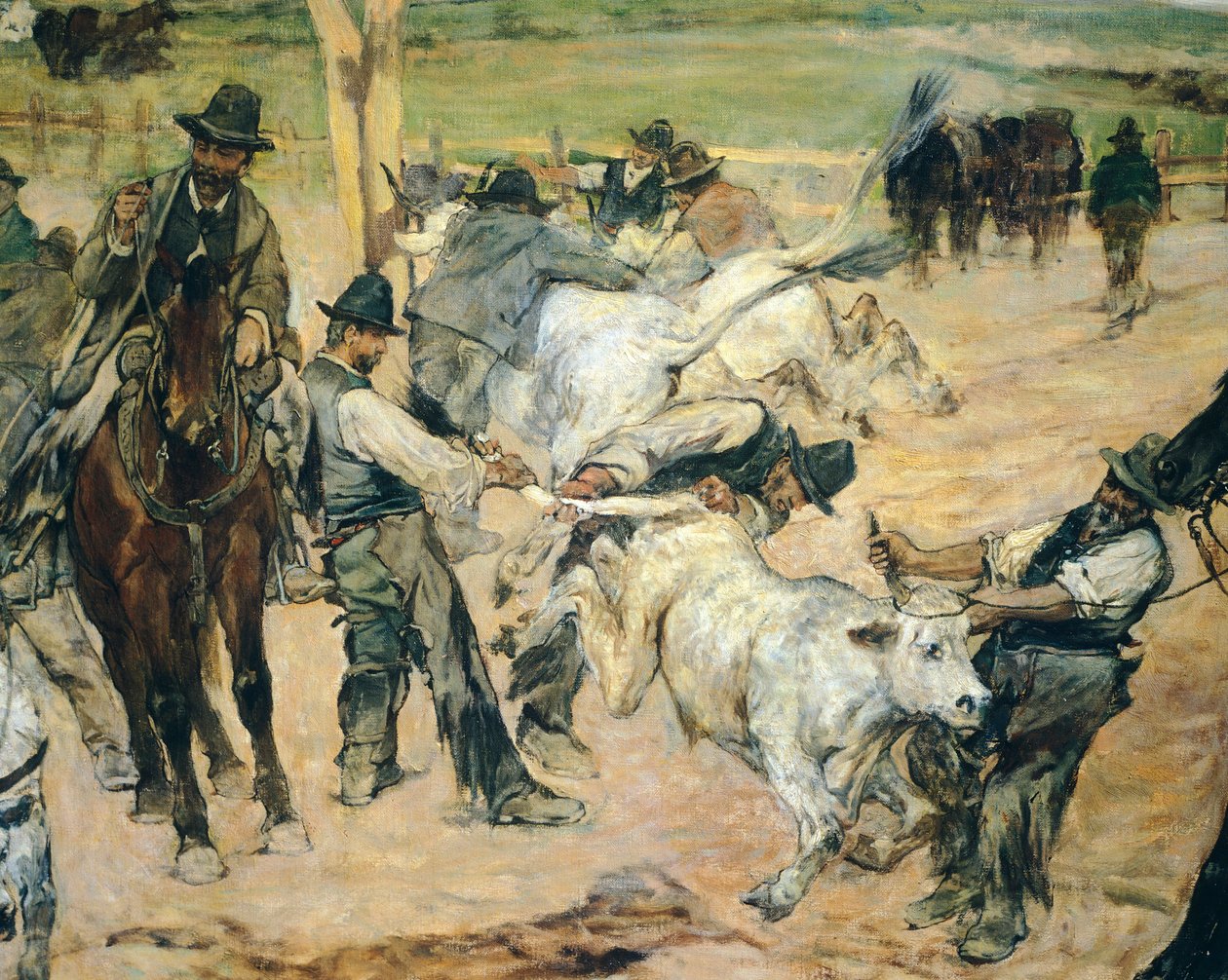 Branding mladých býků v Maremmě, cca 1887, Giovanni Fattori (1825-1908), 86x172 cm, Detail od Giovanni Fattori