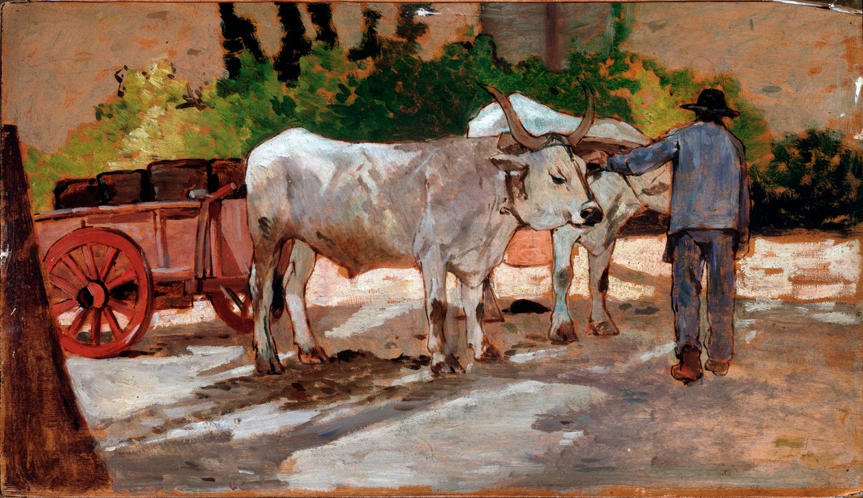Vozík s býky a rolníkem - Malování od Giovanni Fattori
