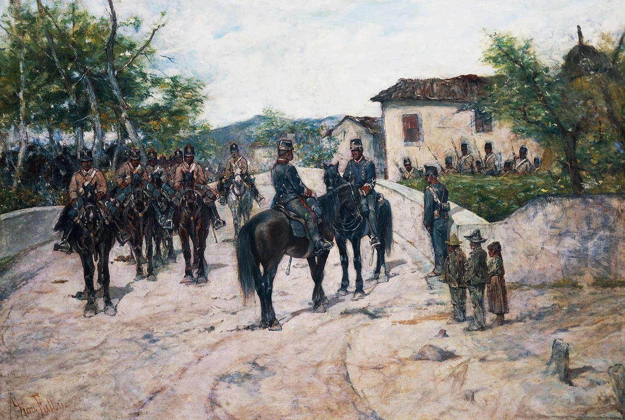 Kavalerie zastávka, cca 1890, Giovanni Fattori, olej na plátně, 55x80 cm od Giovanni Fattori