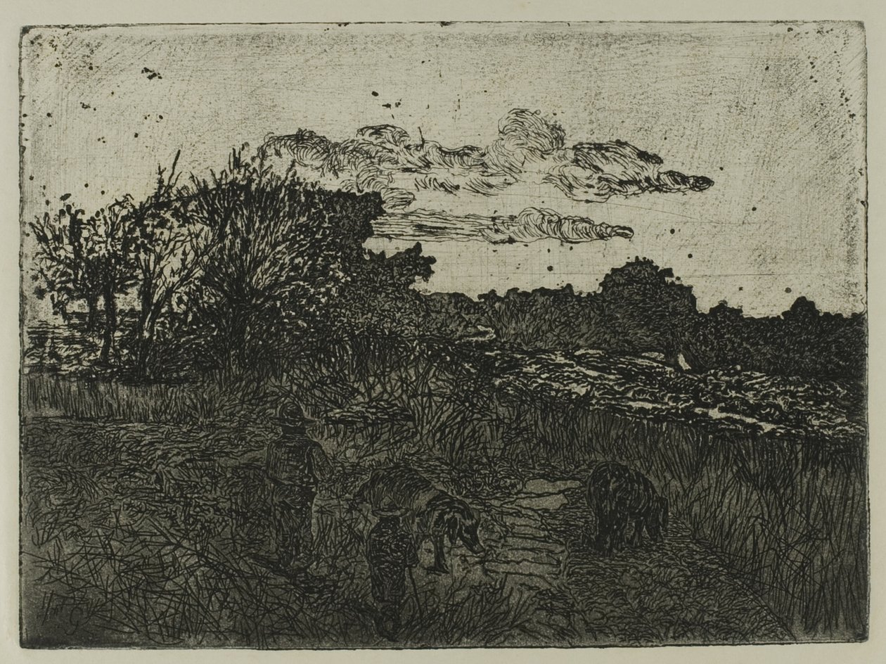 Země při západu slunce s pastevci prasat od Giovanni Fattori