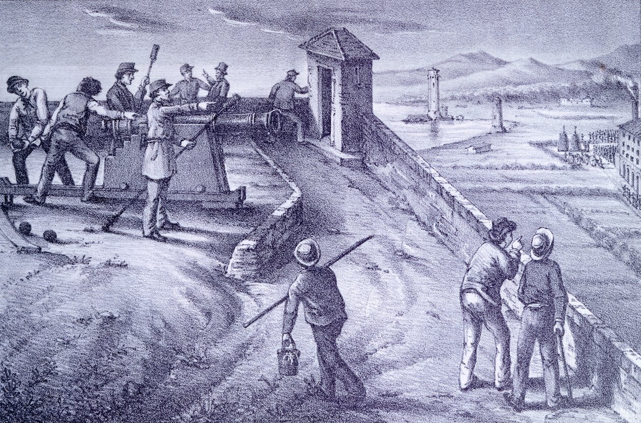 Obrana Livorna z Fort San Pietro, Giovanni Fattori (1825-1908), rytina od Giovanni Fattori