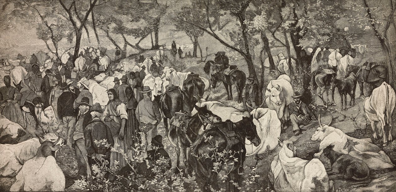 Trh v toskánských Apeninách, rytina z obrazu Giovanniho Fattoriho (1825-1908), z L
