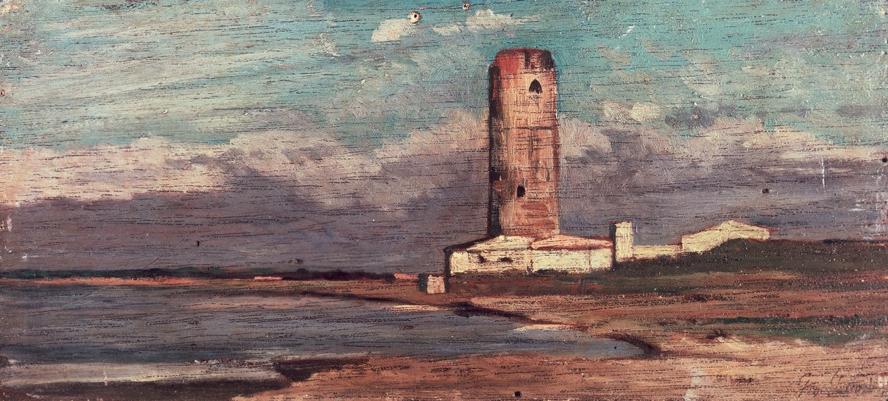 Věž Marzocco nebo Červená věž od Giovanniho Fattoriho (1825-1908), olej na panelu od Giovanni Fattori