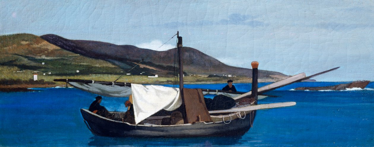 Špička Romito s lodí a rybáři, Giovanni Fattori (1825-1908), olej na panelu, 22,5x56,5 cm od Giovanni Fattori