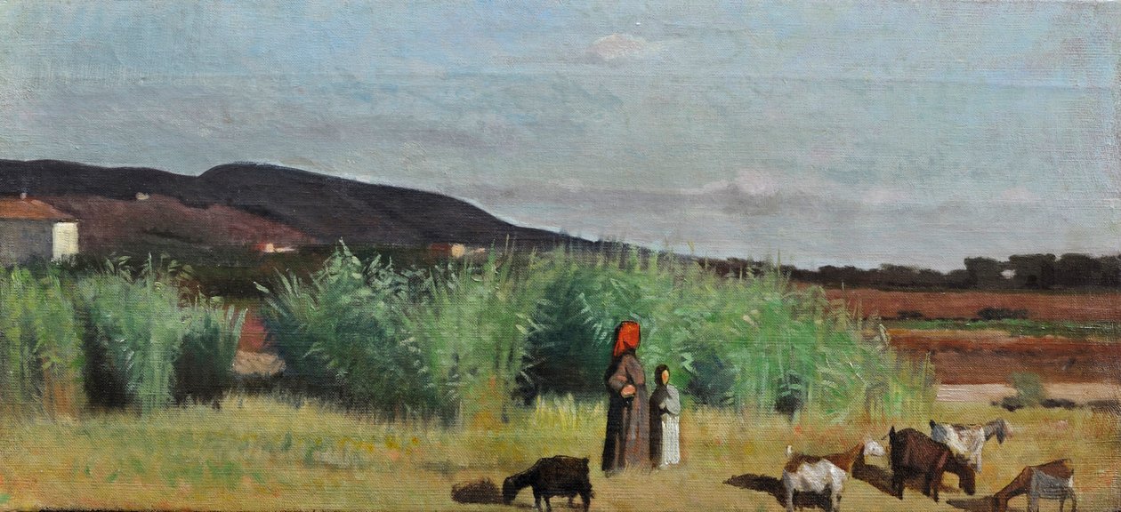 Dvě venkovanky se stády na livornském venkově, asi 1865 (olej na plátně) od Giovanni Fattori
