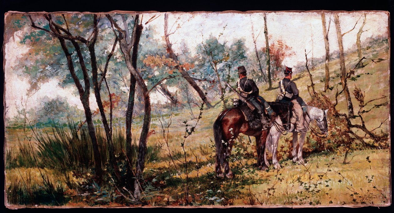 Dva vojáci jedoucí pod stromy (Dva koňské nohy) - Malování od Giovanni Fattori