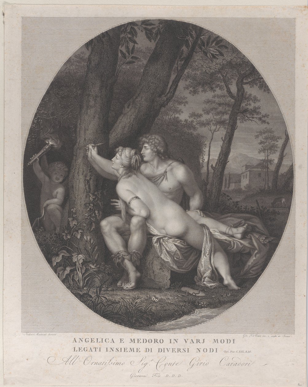 Angelica leží na klíně Medoro a píše jejich jména na kmen stromu, 1784-1836. od Giovanni Folo