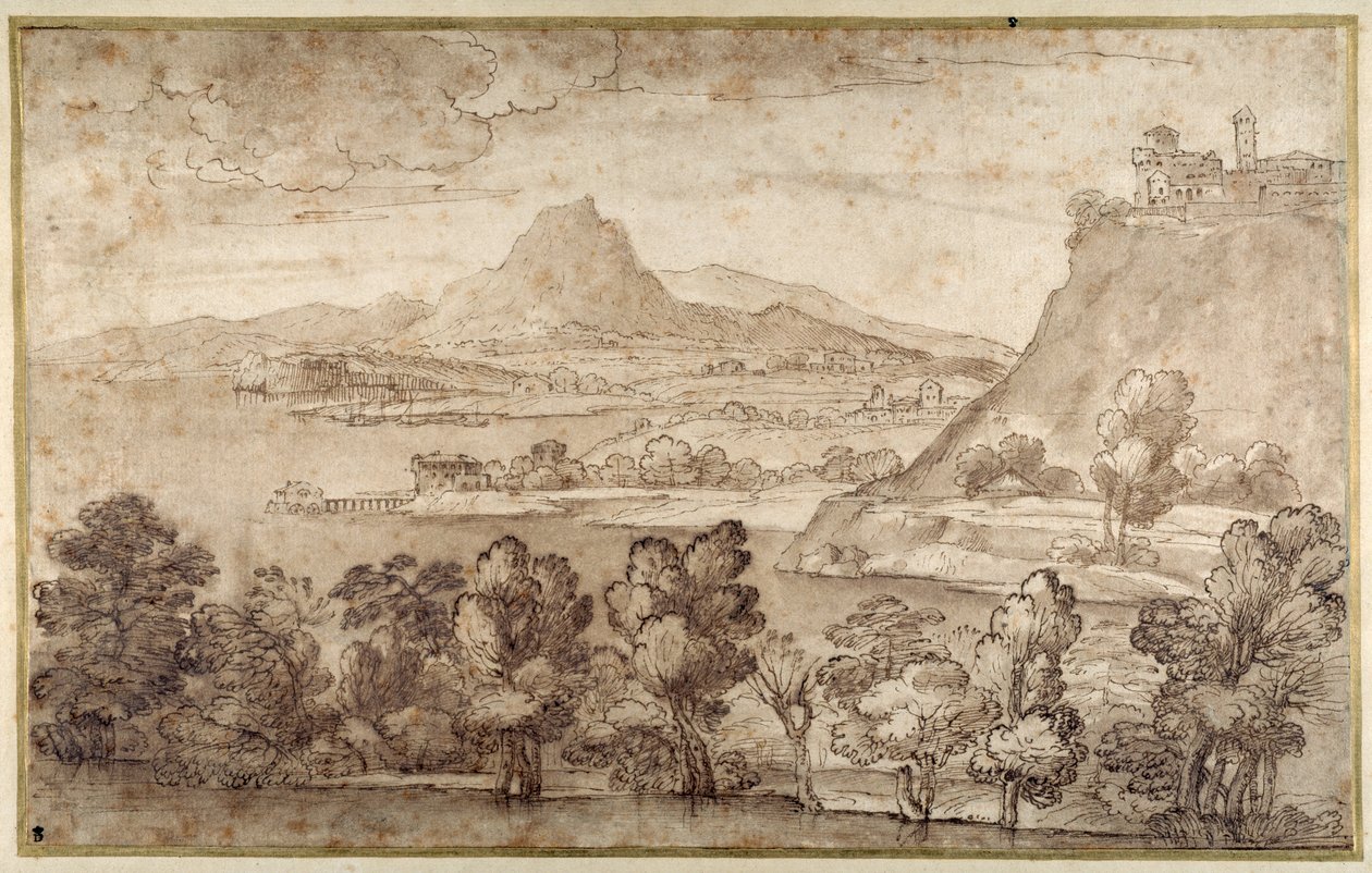Krajina s horským městem a vzdálenější horou (pero a hnědý inkoust s hnědým praním na bílém papíře) od Giovanni Francesco Grimaldi