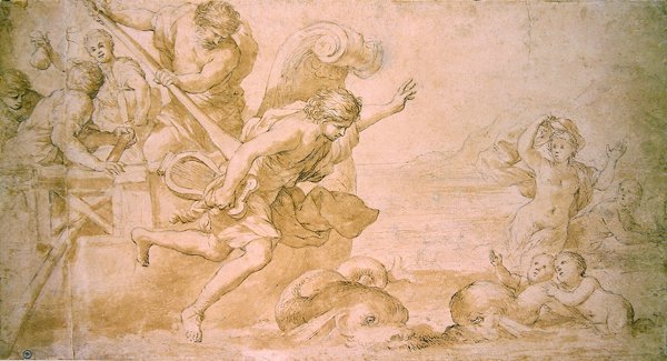 Arion a delfíni (pero a hnědý inkoust a mytí na papíře) od Giovanni Francesco Romanelli