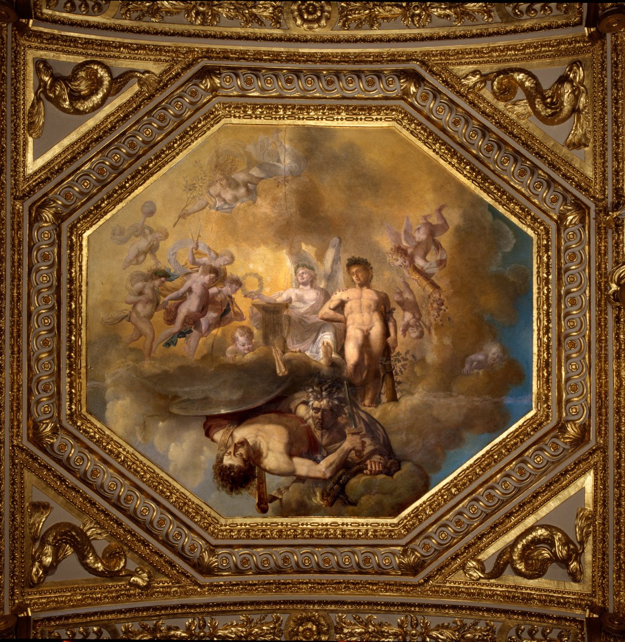Persee zabíjí Meduse. Obraz od Giovanniho Romanelliho (1601-1662) zdobící strop Antonínského sálu, ložnice letních bytů královny Anny Rakouské (1601-1666). Kolem 1655-1658. Paříž, muzeum Louvre. od Giovanni Francesco Romanelli