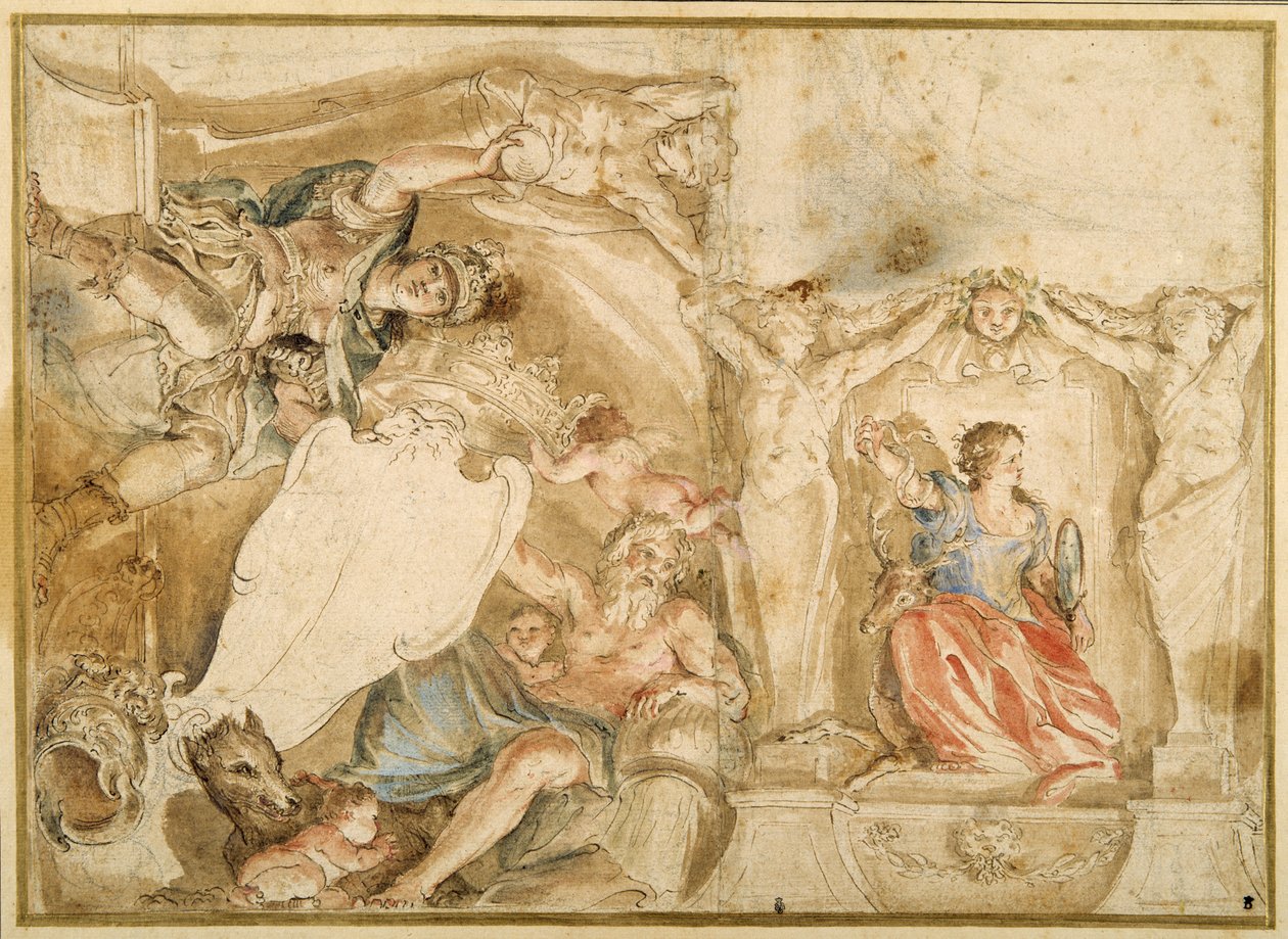 Alegorická dekorace pro jeden roh klenutého stropu (pero a inkoust s lazurou, akvarel a kvaš přes křídu na papíře) od Giovanni Francesco Romanelli