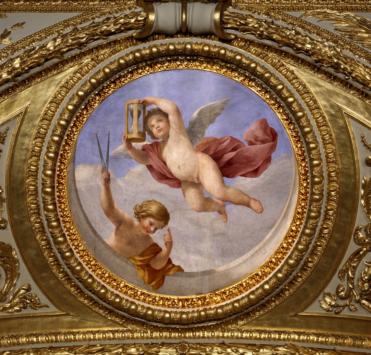Láska k opatrnosti. Obraz od Giovanniho Romanelliho (1601-1662) zdobící strop Antonínského sálu, ložnice letních bytů královny Anny Rakouské (1601-1666). Kolem 1655-1658. Paříž, muzeum Louvre. od Giovanni Francesco Romanelli