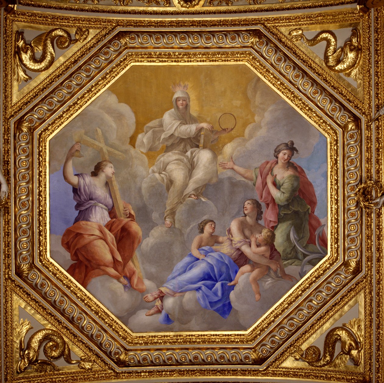 Náboženství a teologické ctnosti (víra, láska, esperance). Obraz od Giovanniho Romanelliho (1601-1662) zdobící strop Antonínského sálu, ložnice letních bytů královny Anny Rakouské (1601-1666). Kolem 1655-1658. Paříž, Louvre Mus od Giovanni Francesco Romanelli