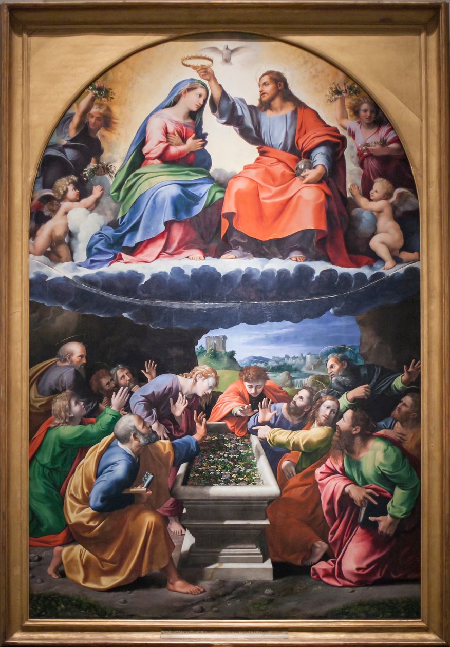 Korunování Panny Marie nebo Madony z Monteluce, kolem 1505-25 (olej na panelu) od Giovanni Francesco (c.1488 1528) Penni