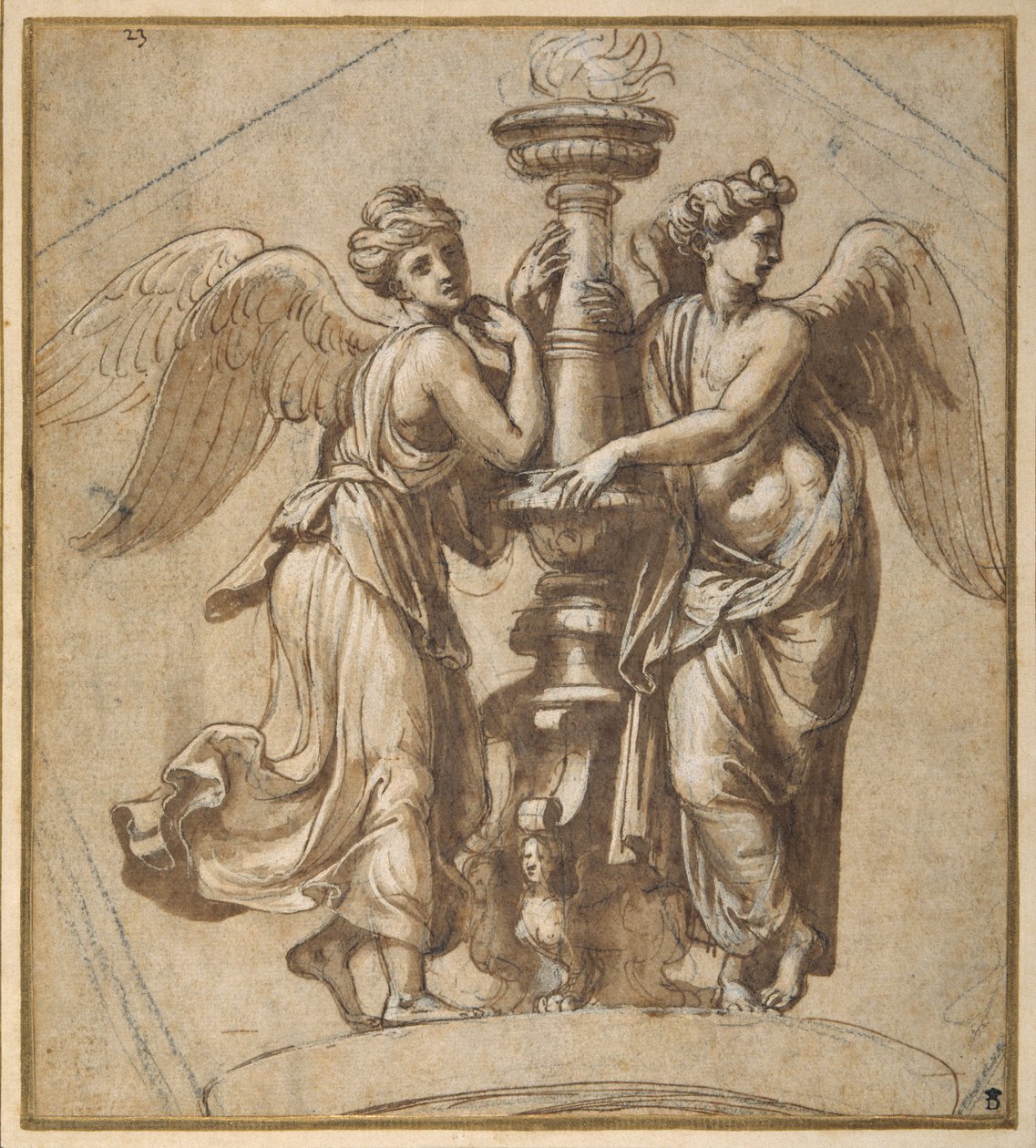 Vítězství objímající svícen (pero a hnědý inkoust s černou křídou na papíře) od Giovanni Francesco (c.1488 1528) Penni
