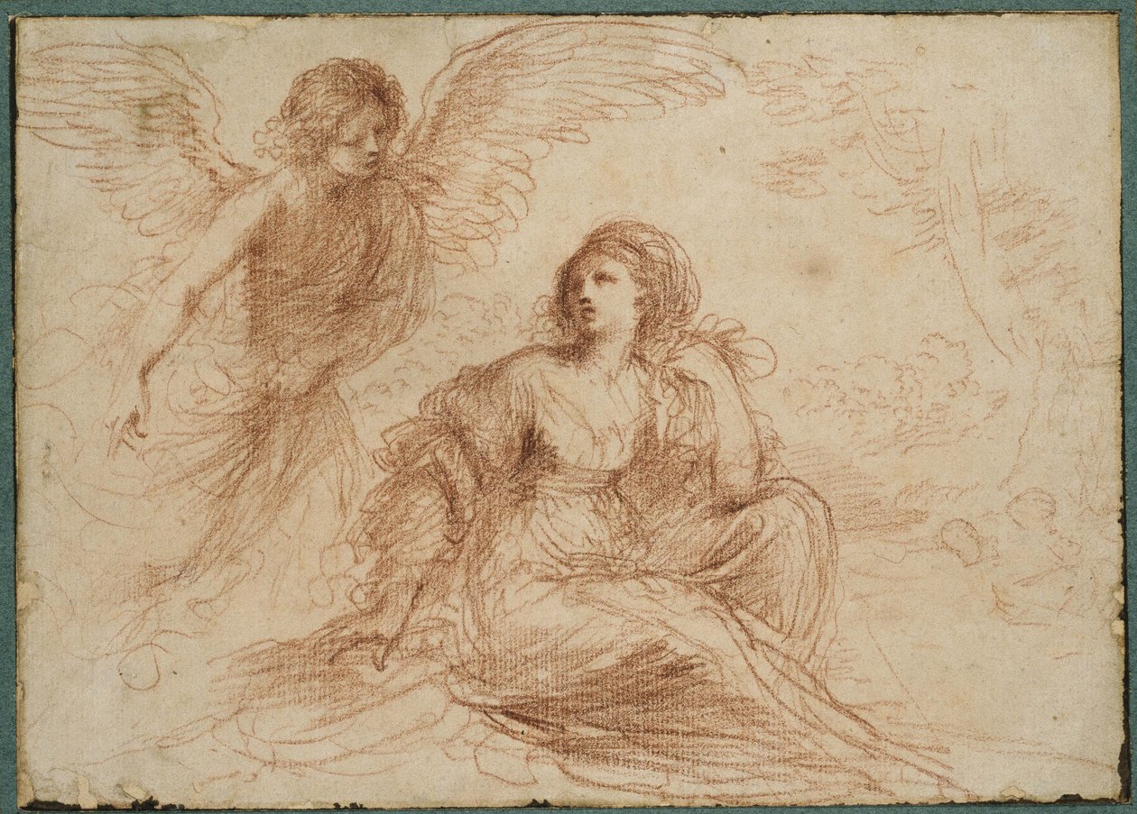 Anděl zjevující se Hagar a Ismaelovi, kolem roku 1653 (červená křída) od Giovanni Francesco Barbieri