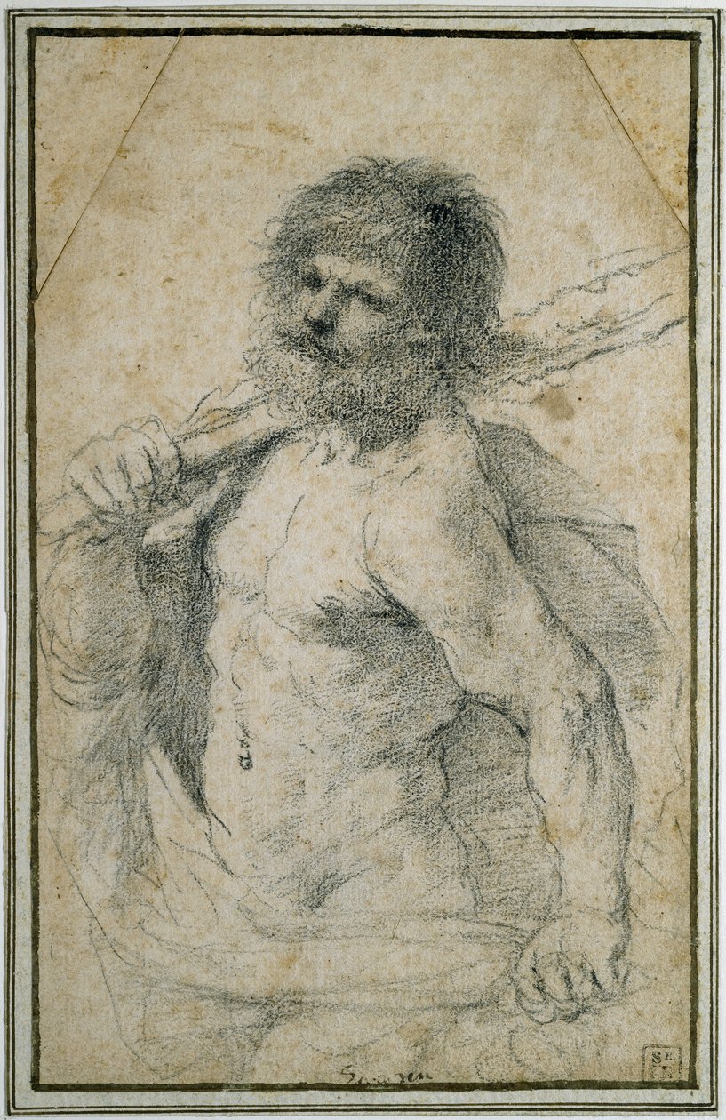 Herkules, 1555 - 1666 (černá křída na špinavě bílém papíře) od Giovanni Francesco Barbieri