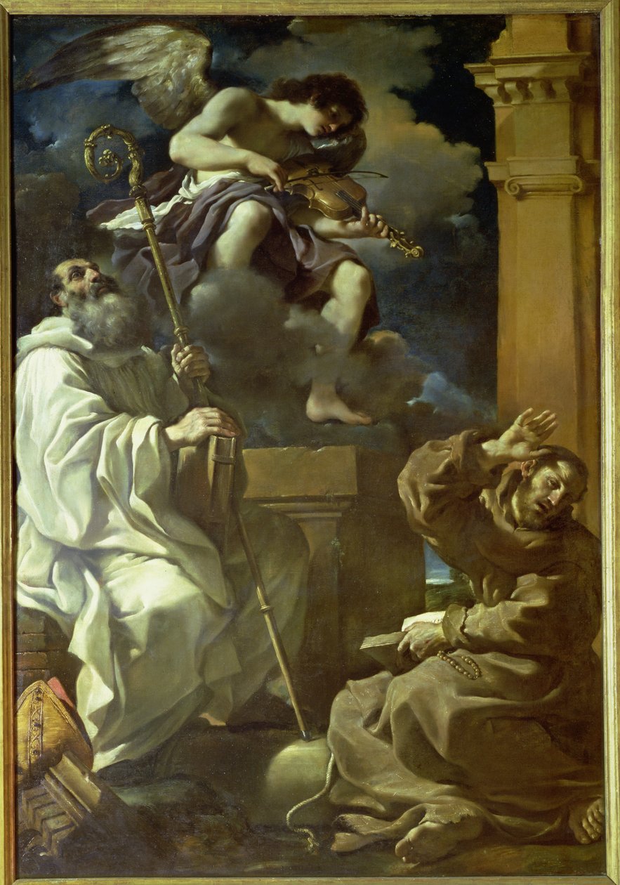 Sv. František (1182-1226) v extázi a sv. Benedikt (480-527) s andělským hudebníkem, 1620 od Giovanni Francesco Barbieri