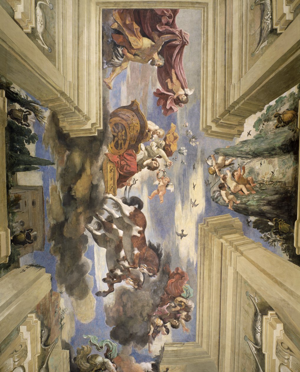 Detail stropu Sala di Aurora Hall of Dawn zobrazující vůz Dawns, tempera na panelu 1621 od Giovanni Francesco Barbieri