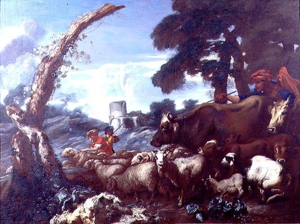 Farmáři s dobytkem a ovcemi od Giovanni Francesco Castiglione