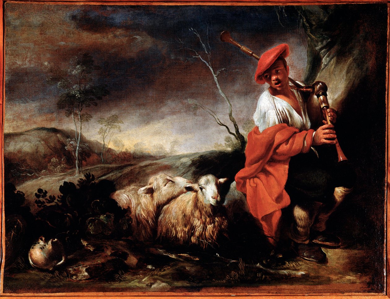 Pastýř hrající na dudy s ovečkami Obraz Giovanni Francesco Castiglione (1641 / 42-1716) Genes, Musei di Strada Nuova (ex Palazzo Bianco) od Giovanni Francesco Castiglione