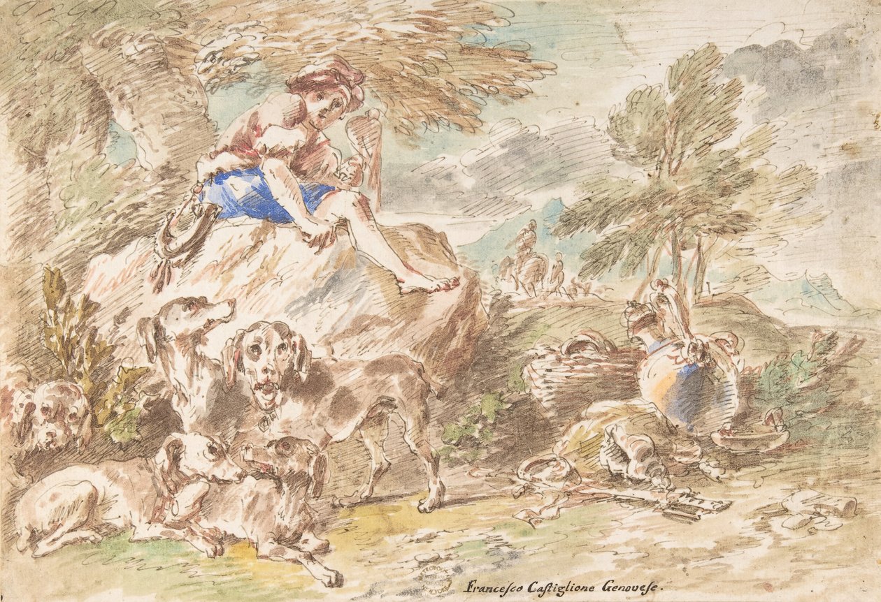 Mladý lovec se svými psy v krajině, 1641-1710. od Giovanni Francesco Castiglione