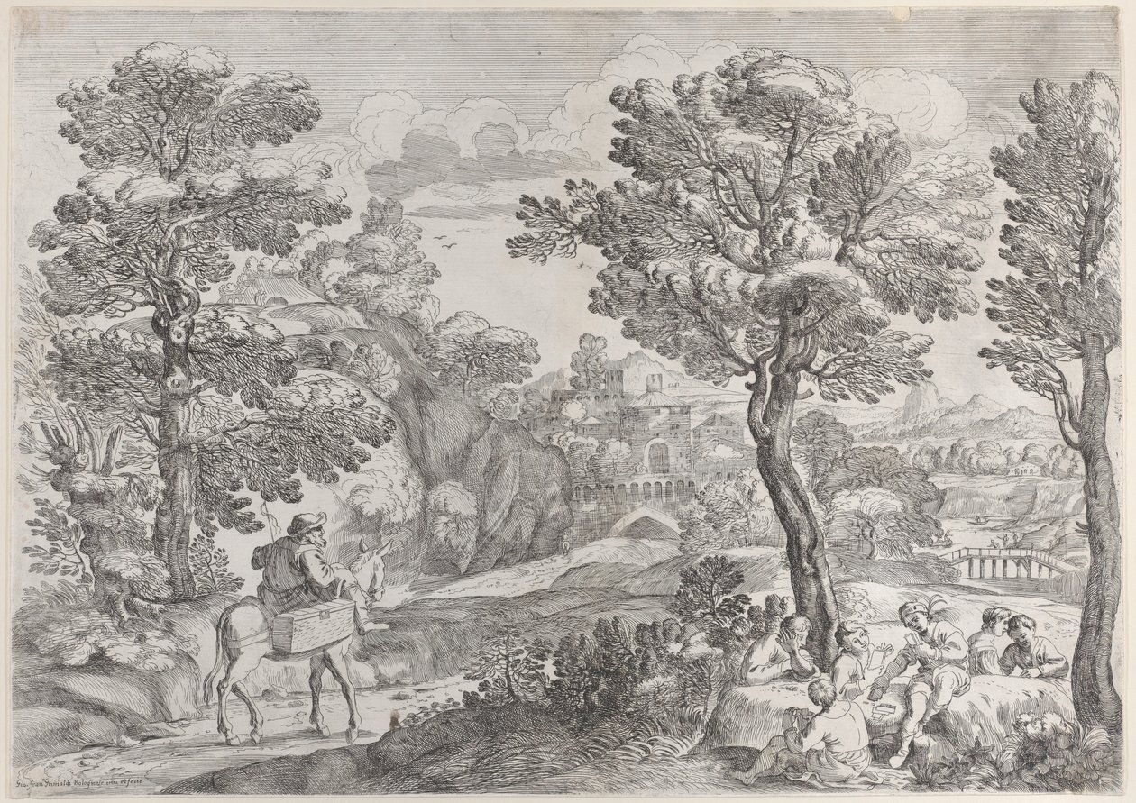 Skupina lidí hrajících karty vpravo a muž na koni vlevo, 1626-80. od Giovanni Francesco Grimaldi
