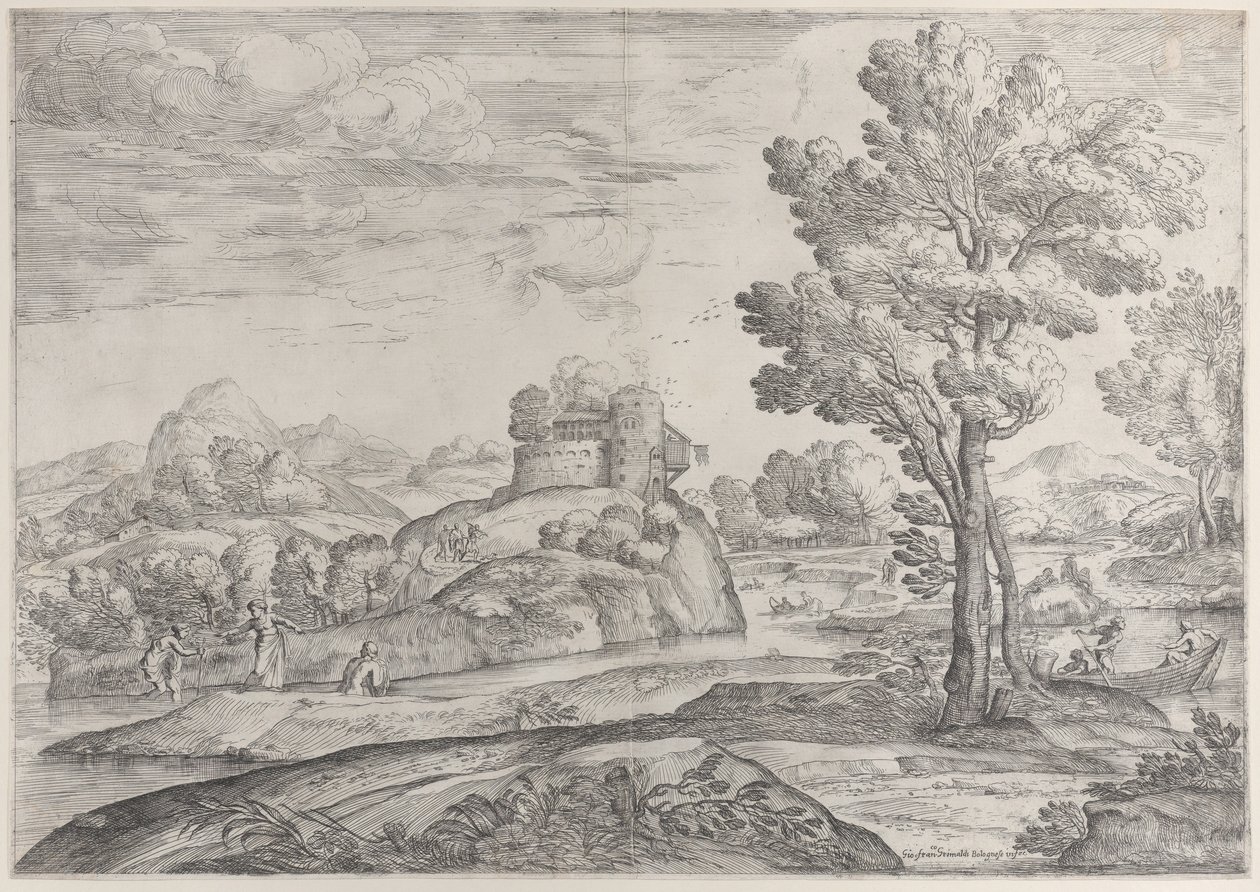 Dům na vrcholu kulaté skály uprostřed, lidé v řece a na kánoích, 1626-80. od Giovanni Francesco Grimaldi
