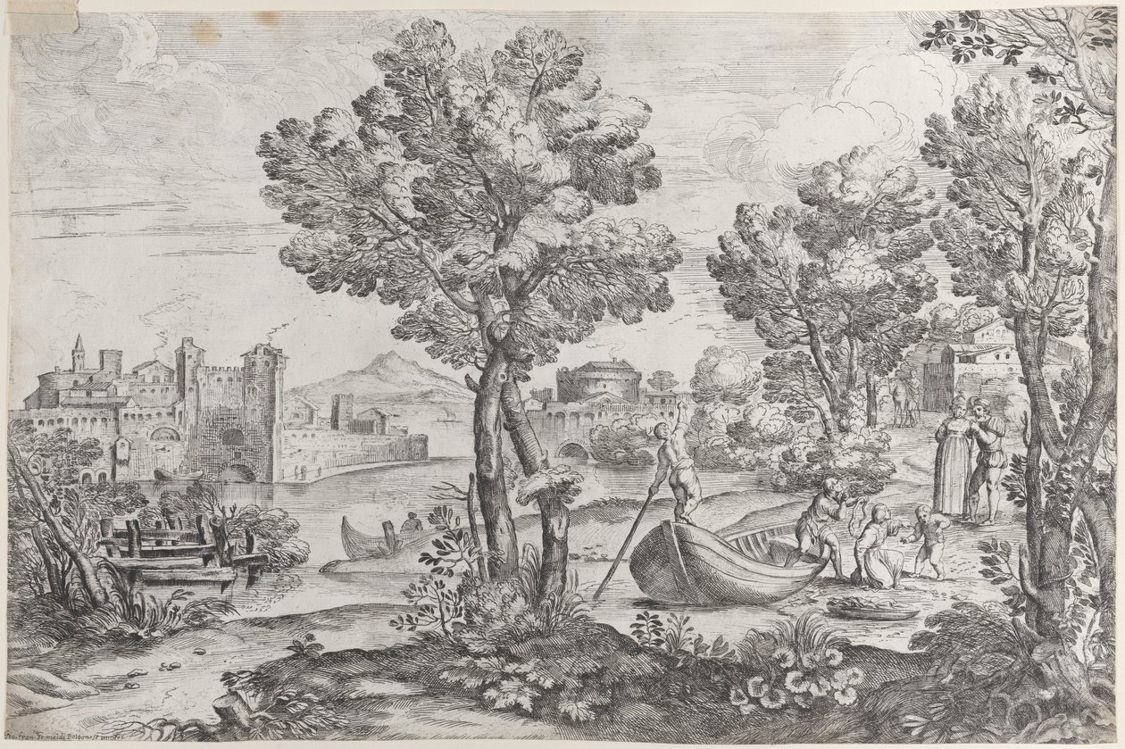 Krajina s mužem držícím hada vyděšenému dítěti, sledovaná módním d..., 1626-80. od Giovanni Francesco Grimaldi