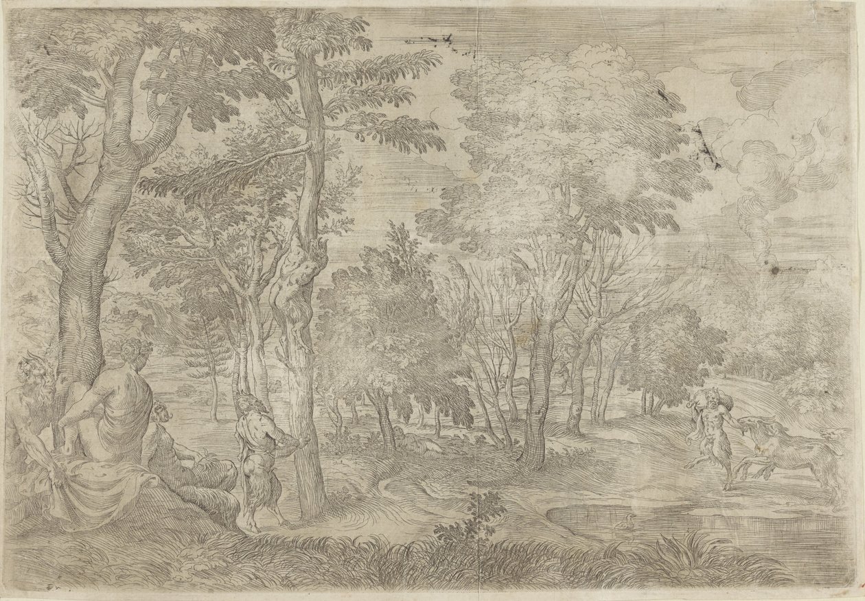 Krajina s nymfami a satyry od Giovanni Francesco Grimaldi