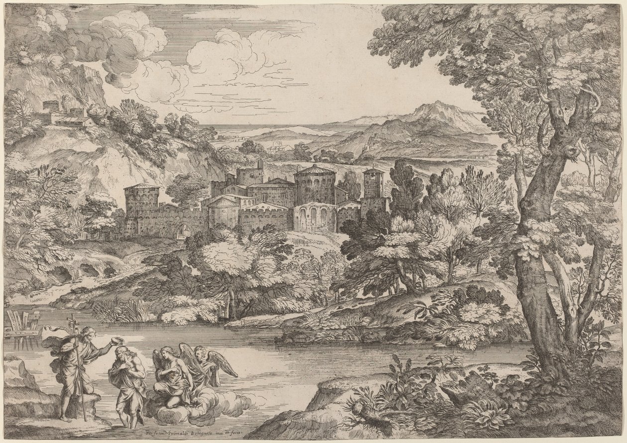 Křest Krista, odehrávající se v horské krajině od Giovanni Francesco Grimaldi