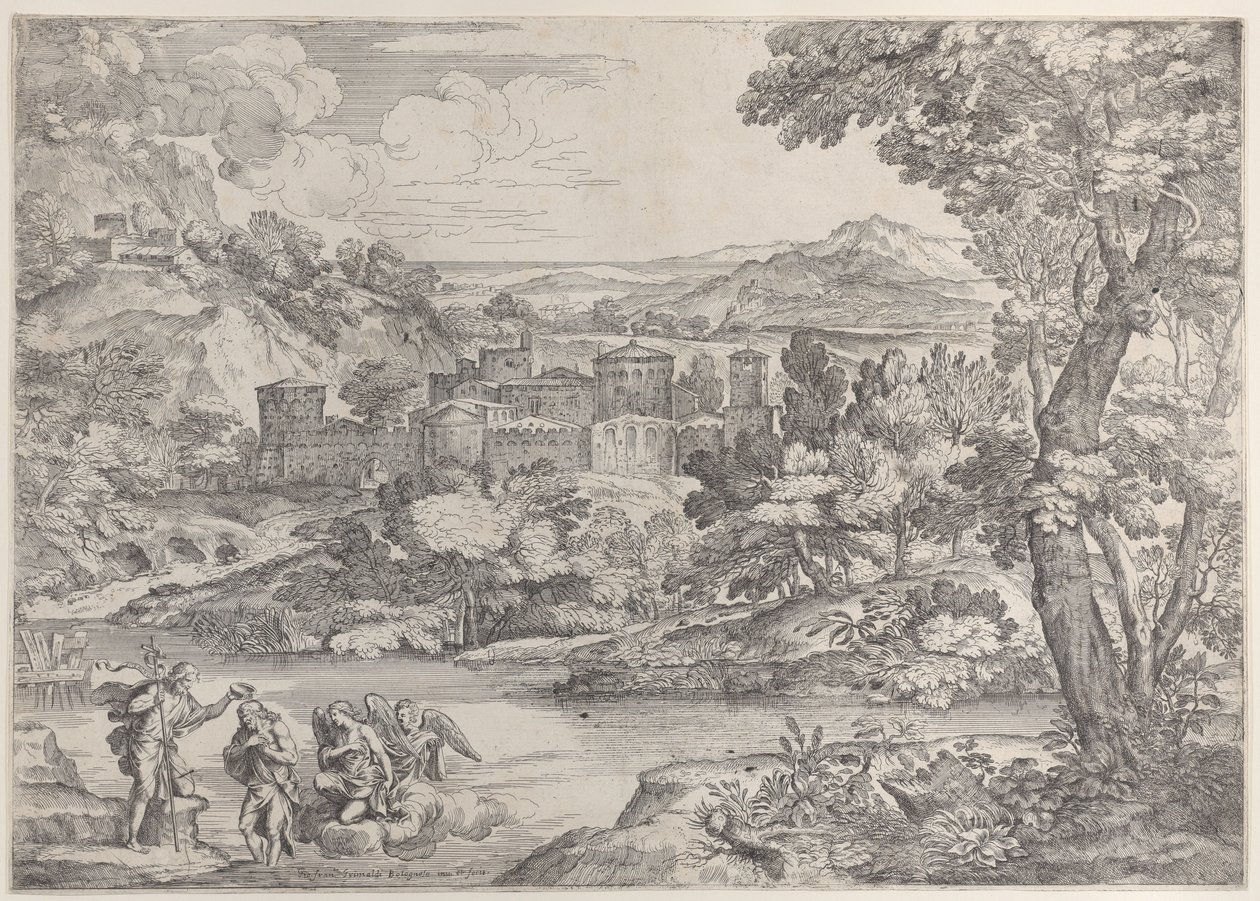 Křest Krista vlevo dole, v krajině, 1626-80., 1626-80. od Giovanni Francesco Grimaldi
