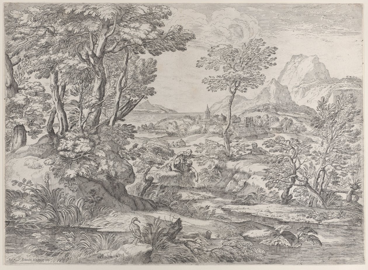 Tři chlapci v krajině s městem v pozadí, 1626-80. od Giovanni Francesco Grimaldi