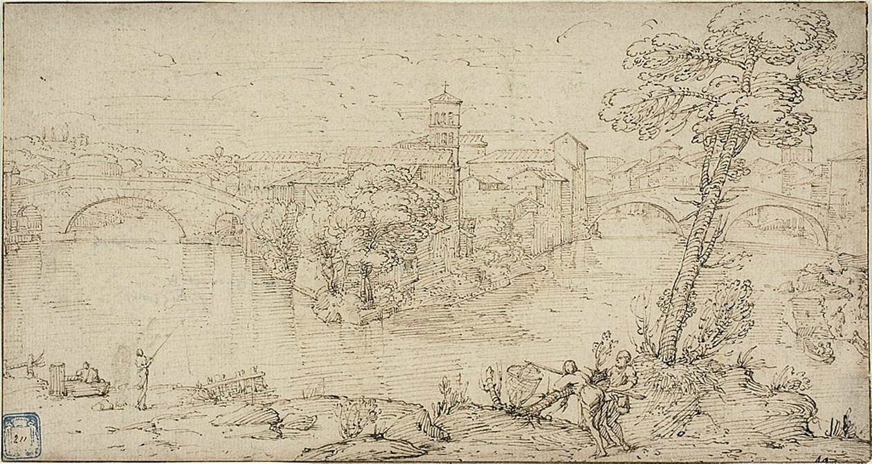 Pohled na Isola Tiberina od Giovanni Francesco Grimaldi