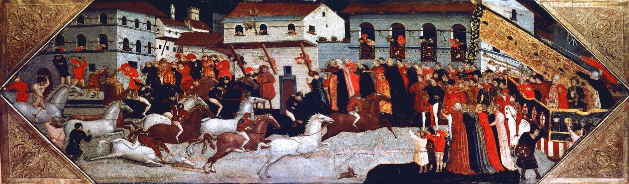 Palio koňské dostihy v ulicích Florencie, obraz Giovanni di Francesco Toscani (cca 1370-1430), detail panelu z cassony (truhla), Itálie od Giovanni Francesco Toscani