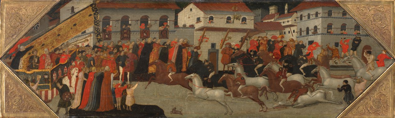 Panel z Cassone: The Race of the Palio v ulicích Florencie od Giovanni Francesco Toscani